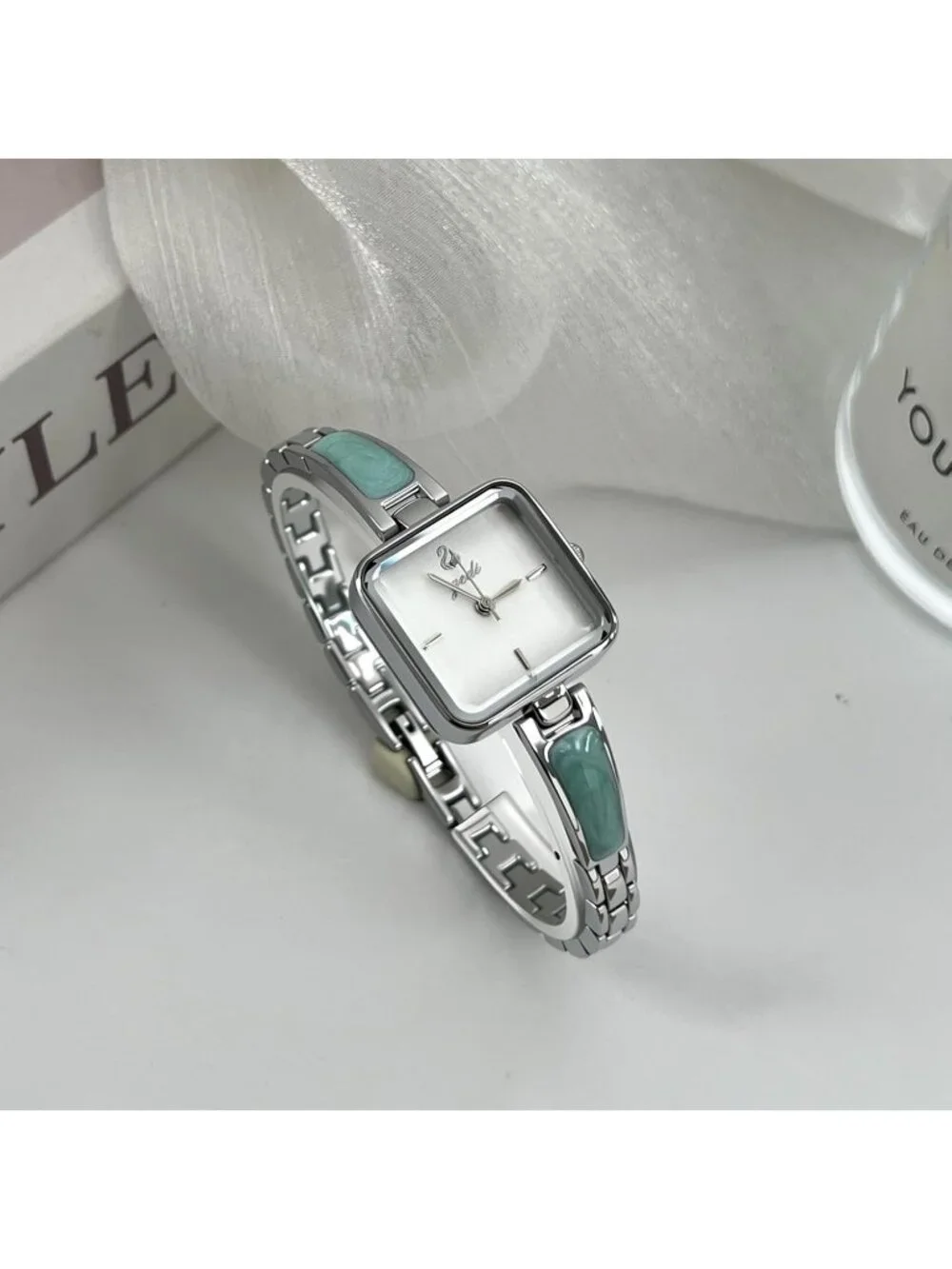 Women's Silver Blue Small Minimalist Square Bracelet Classic Quartz Wrist Watch